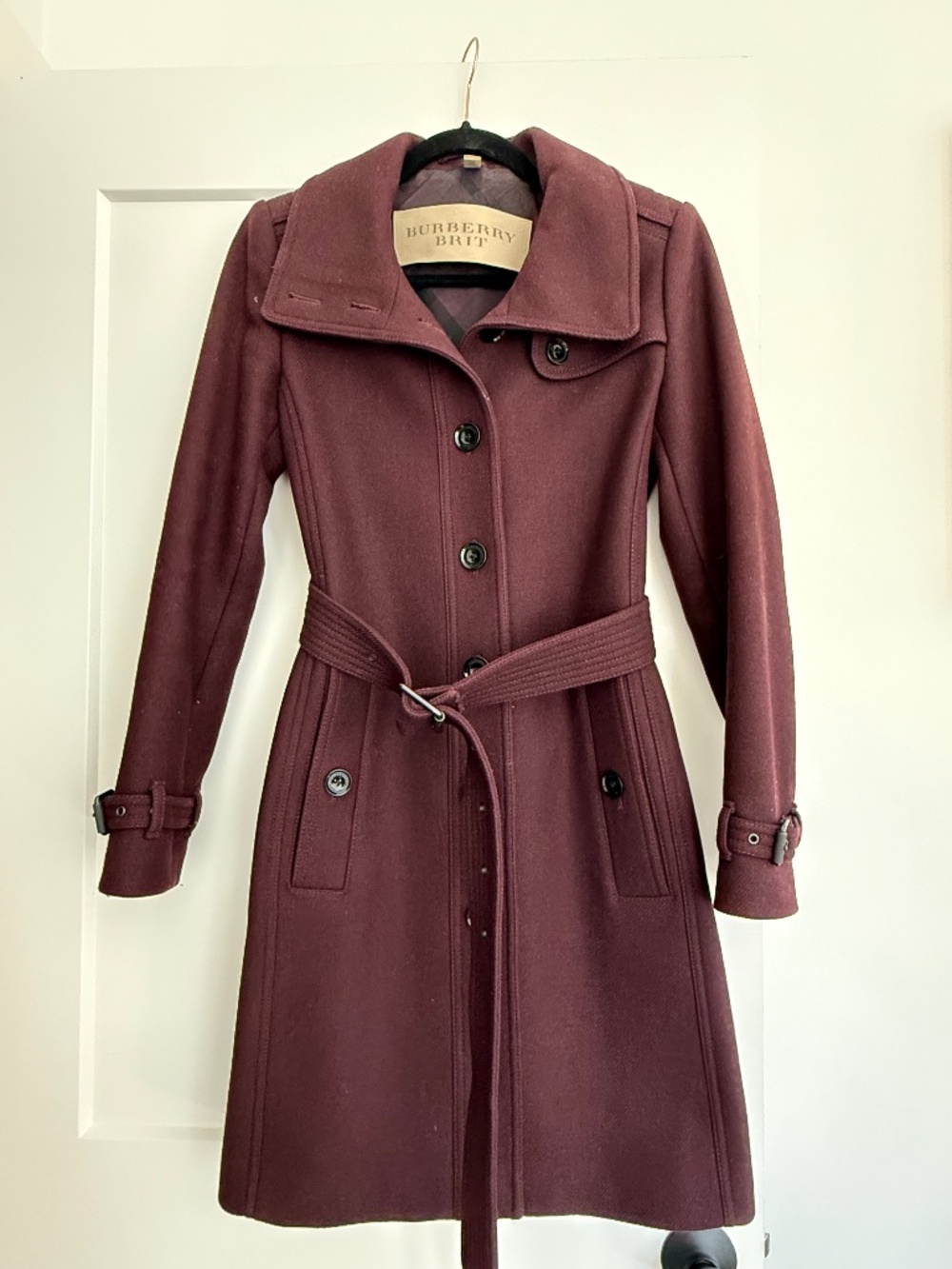 Burberry Brit Burgundy Wool Cashmere Belted Coat Size 4